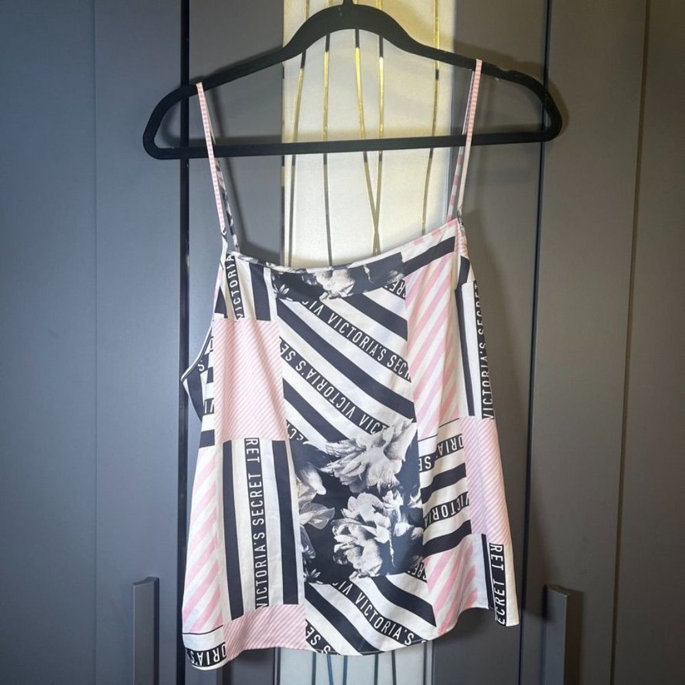Victoria Secret Satin Black White Pink Spaghetti strap Tank Size L NWT